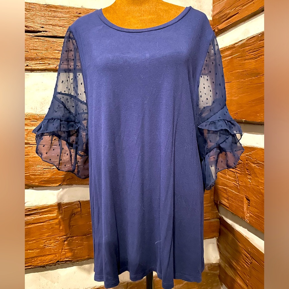 Lane Bryant Blue Blouse with Sheer Polka Dot Sleeves